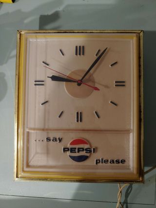 Old Vintage 1960s Say Pepsi Please Soda Clock Shape,  Lights &