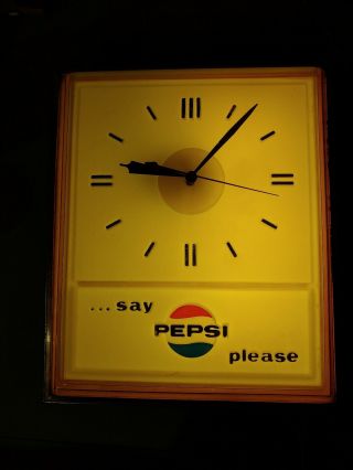 Old Vintage 1960s Say Pepsi Please Soda Clock Shape,  Lights & 2