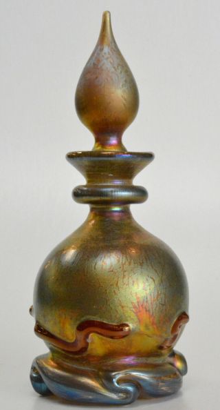 Luster Gold Perfume Bottle With Red Necklace Design.  Art Glass