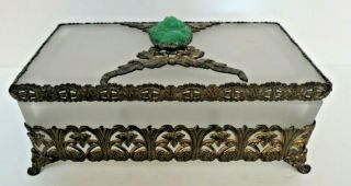 Antique Art Nouveau Satin Glass Bronze Ormolu Jeweled Lid Dresser Or Desk Box