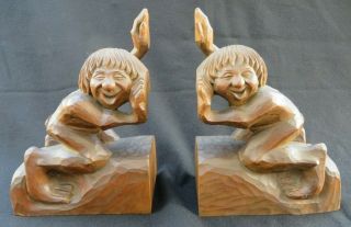Vintage Sweden Hand Carved Wooden Troll Figure Bookends Signed B Brask 1936 Rare