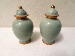 Vintage Fitz & Floyd Ff Green Gold Salt And Pepper Shakers Temple Jar Shape