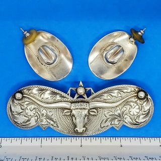 Vintage Jewelry Sterling Silver Western Theme Pin and Earrings Long Horn Cowboy 2