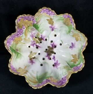 Antique Gilt French Limoges Colander Handpainted W Violets For Berries 7x3.  5 VF 2