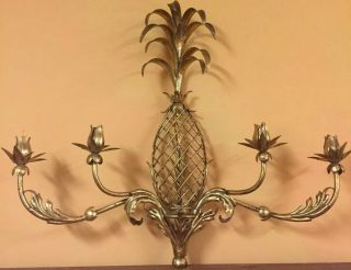 Vintage Mcm Hollywood Regency Gold Gilt Pineapple Tole Wall Sconce Candle Holder