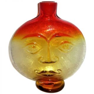 Vintage Blenko Art Glass Sun Face Vase Wayne Husted Tangerine Orang 11 " Tall Mcm
