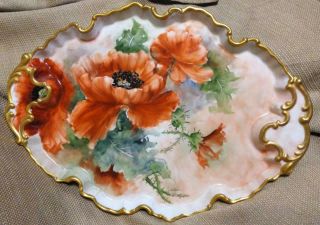 Vintage Vanity Dresser Tray Floral Hand Painted Poppies Poppy Flowers Porcelain