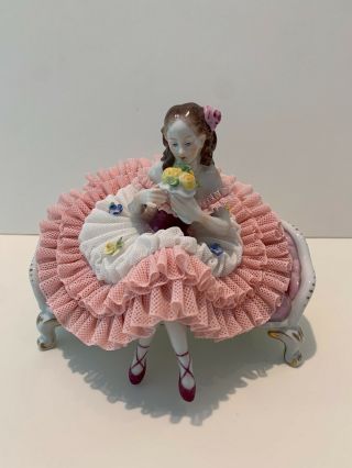 Dresden Volkstedt Ballerina Figurine Sitting On A Settee,  German Lace Porcelain