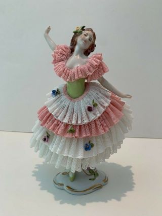 Antique German Dresden Volkstedt Lace 8 1/4 " Porcelain Figurine Ballerina Lace