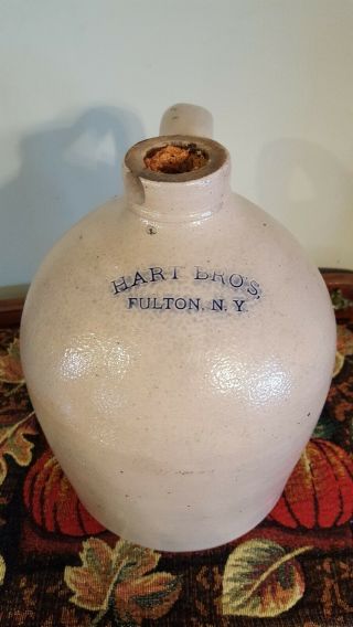 Antique Hart Bros Fulton Ny Salt Glaze Whiskey Crock Jug Stoneware Cobalt
