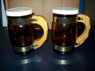 Beer Mug Salt And Pepper Shaker Set Brown Glass Wood Handles White Lids