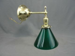 Antique Brass Art Deco Wall Sconce Light Lamp Cased Green Glass Shade Rewired