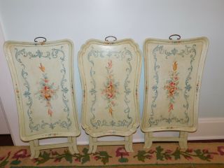 3 French Floral Shabby Vintage Toleware Tv Tray Stands Folding Accent Tables Set