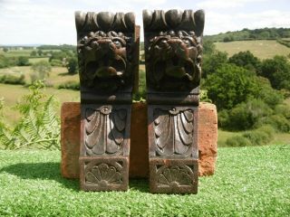 Pair 18thc Gothic Oak Wood Carved Lion Mask Corbels