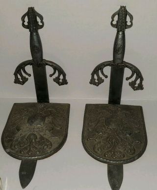 Bookends Medieval Style Sword And Shield Double Headed Eagle Very Old Rare Heavy