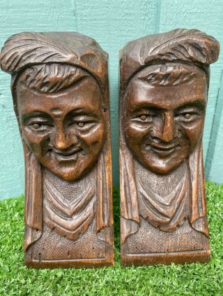 Pair Mid 19thc Black Forest Wooden Oak Medieval Male Head Corbels C1860s