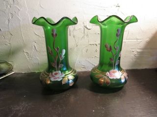 Victorian Art Nouveau Bohemian Iridescent Glass Vases,  Enameled And Gild