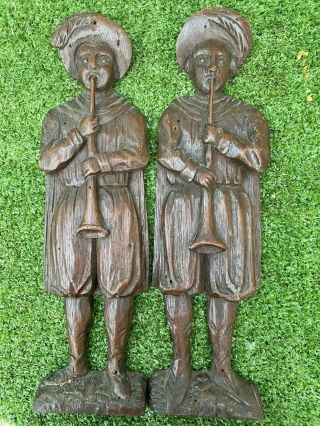 Pair Mid 19thc Black Forest Wooden Oak Carved Minstrel Figures C1860s