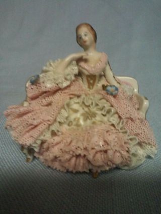 Vintage Porcelain Dresden Figurine Lady On Settee With Porcelain Lace