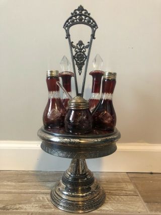 Antique Victorian Castor Cruet Set Ruby Red Cranberry Cut To Clear Glass