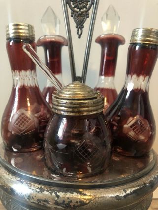 Antique Victorian Castor Cruet Set Ruby Red Cranberry Cut To Clear Glass 3