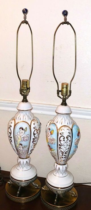 2 Vintage Italy Capodimonte Lamp Hand Painted Porcelain Ornate Brass Koi Finial