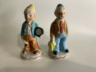 Clowns Figurines Two Ceramic With Umbrella Vintage Sz - 5 " Tall
