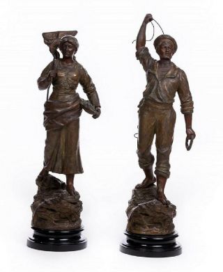 Large French Style Bronze Spelter Statues Fisherman And Woman Louis