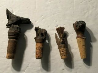 4 - Old Black Forest Carved Animal Bottle Stoppers Folk Art Eagle - Turkey - Bear - Dog