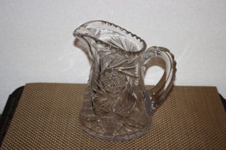Antique American Brilliant Cut Glass Pitcher Thick Heavy Clear Glass Pitcher