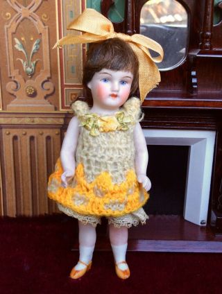 Antique German Miniature All Bisque Dollhouse Flapper Doll Cute Knit Dress -