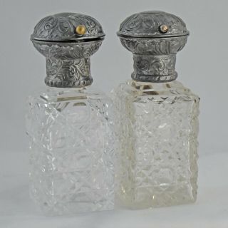 Antique English Sterling Silver Cut Glass Perfume Bottles Hinged Pair