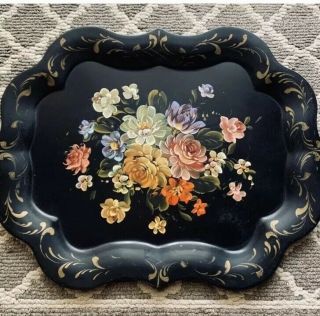 Large Vintage Octagonal Black Floral Hand Painted Tole Metal Tray Cabbage Rose
