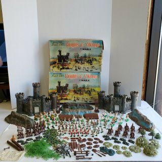 Rare Vintage 1960s Set Of 2 Marx Knights & Vikings Miniature Playsets With Boxes