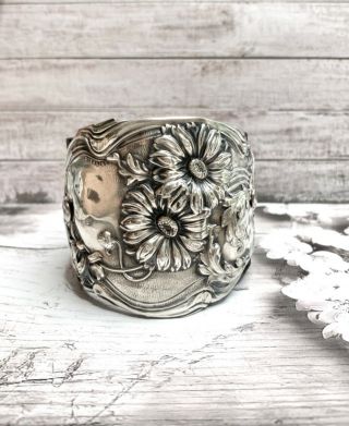 Vintage Art Nouveau Sterling Silver Daisy Flowers Black Leather Cuff Bracelet