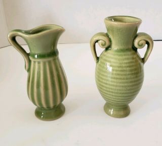 Vintage Small Miniature Pitcher And Bud Vase Set 4 " Green Glaze With Crazing