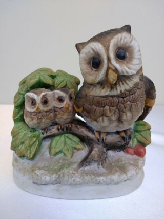 Vintage Owl Figurine Homco Home Interiors Porcelain Mother Owl & Two Babies