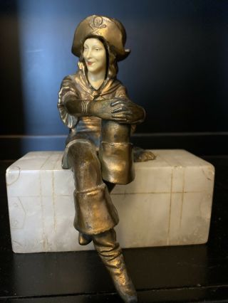 Antique Jb Hirsch Bronze Lady Pirate Statue Marble Base Trunk Bookend Art Deco