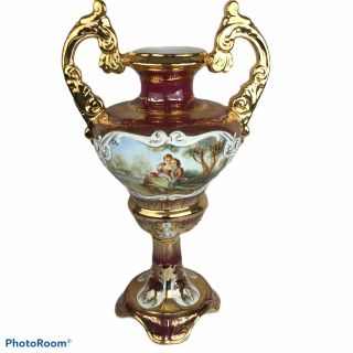 Antique Large Gold Gilt Hand Painted Made In Spain Urn Double Handed Vase