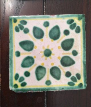 6 Antique Artisian Encaustic Tiles 4” X 4” X 3/8” Greens,  Yellow.  Victorian.