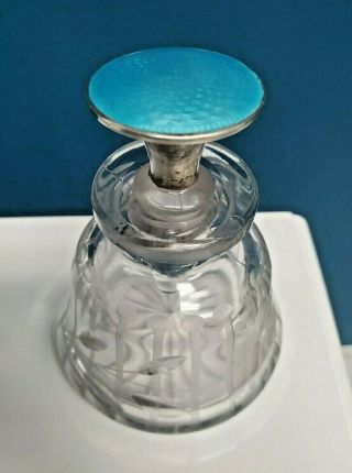 Antique Blue Sterling Silver Guilloche Cut Glass Etched Crystal Perfume Bottle