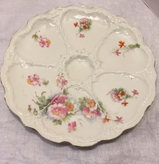 Antique Oyster Plate 6 Well French Porcelain W/pink Peonies