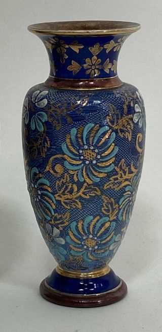 Antique Royal Doulton Slaters Stoneware Blue & Brown Floral Vases Pair 19th c 3