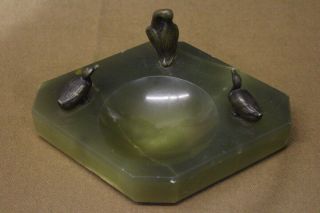 Antique Onyx Change / Key Dish / Holder With Brass Or Bronze Figures Of Birds