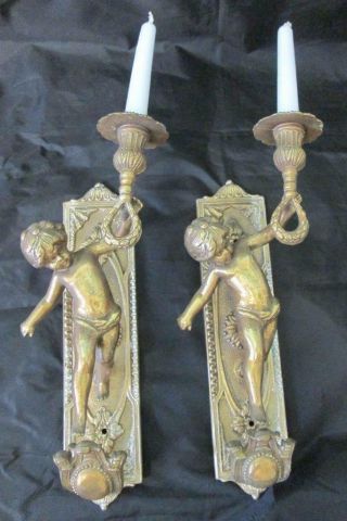Vintage French Art Nouveau Brass Cherubs Candle Wall Sconces