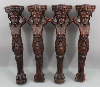 4 Antique 19thc Carved Wood Architectural Fragment Furniture Legs Nude Women