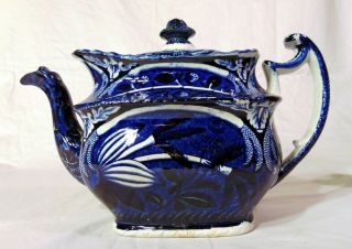 Antique English Staffordshire Dark Blue White Teapot 1820 