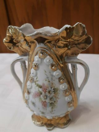 Small Vintage/antique Porcelain Vase With Flowers And Gold Trim And Handels