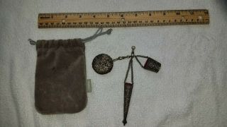 Antique White Metal Chatelaine With Pin Cushion,  Thimble And Needle Holder