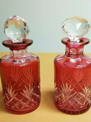Antique Baccarat Perfume Bottles Cranberry Cut To Clear Signed